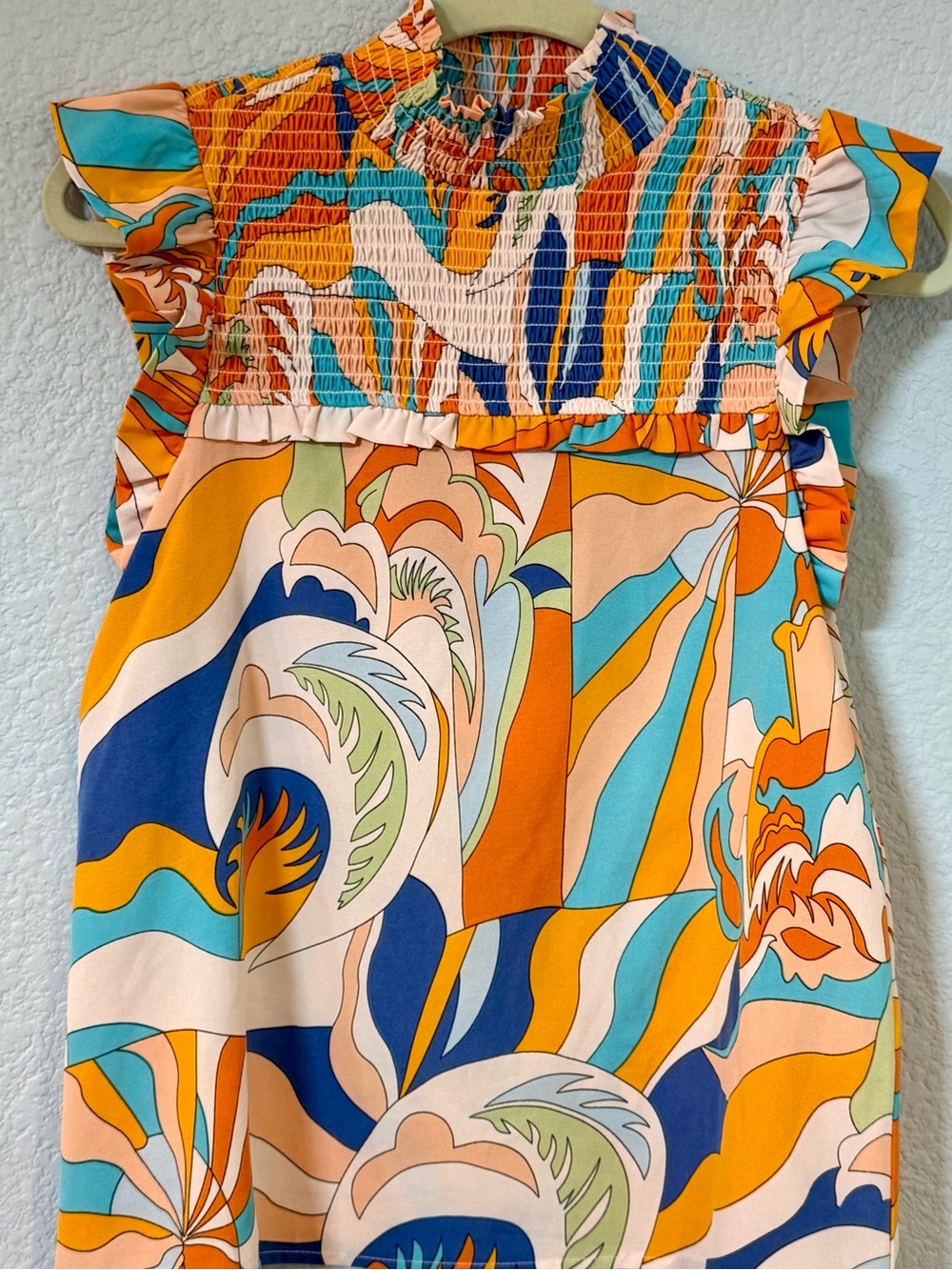 THML Abstract Print Smocked Mock Neck Ruffle Sleeve Blouse S